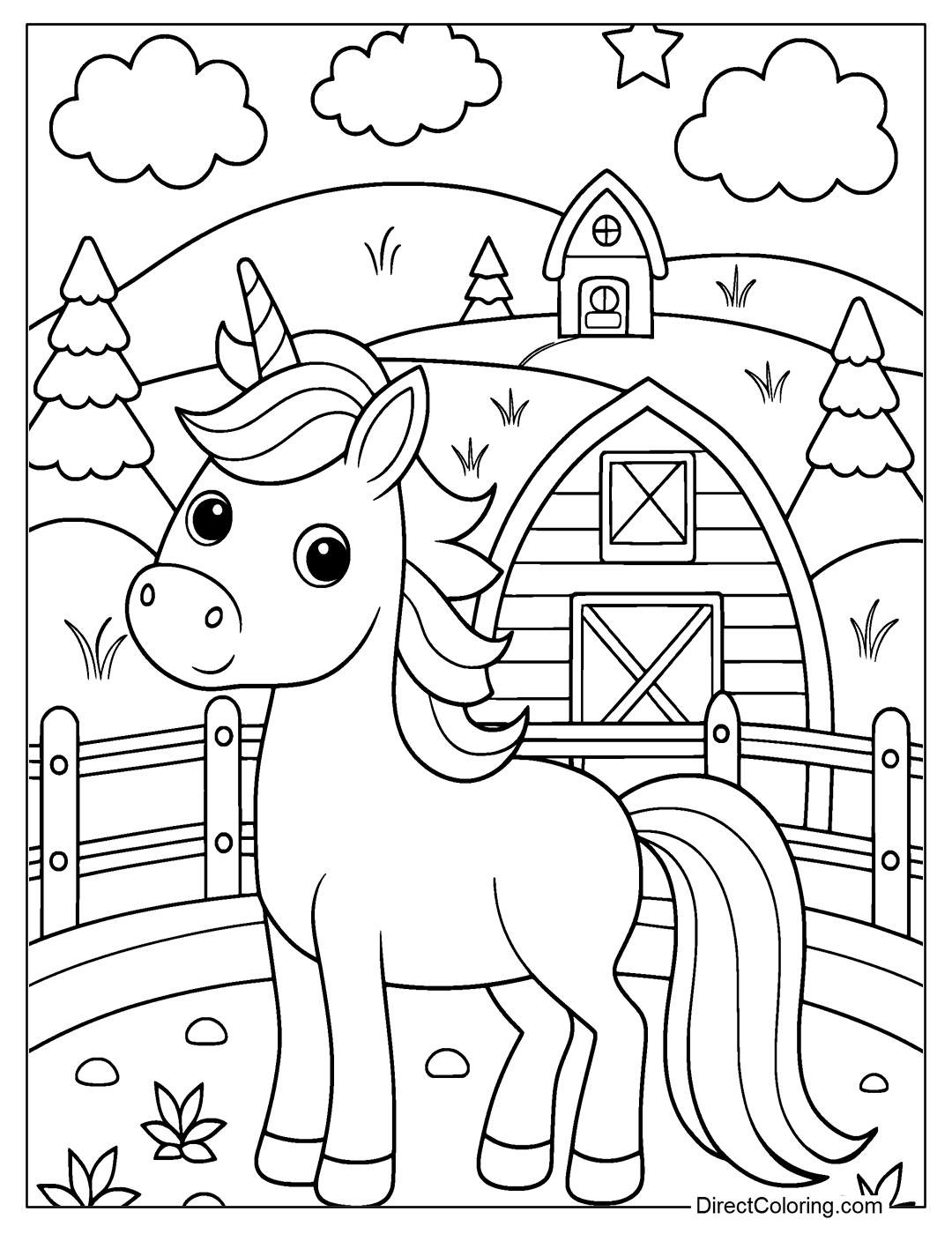 Unicorn in a Farm Color Page for Free